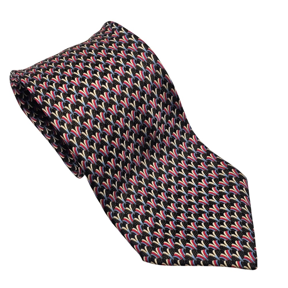 Brioni Silk Tie Black Red Blue Geometric Luxury Italy Designer Vintage 90s